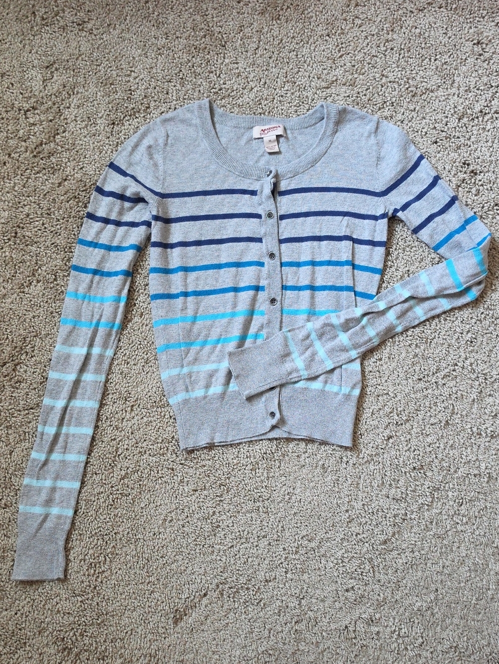 Arizona Jean Company Gray Cropped Cotton Cardigan with Navy and Teal Stripes